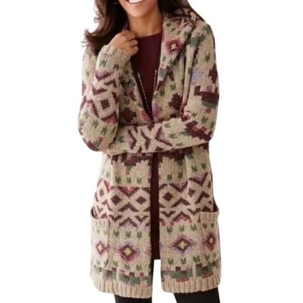 J. Jill Aztec Lenox Wool Duster Cardigan Women PL Beige Heavy Winter Granny Boho